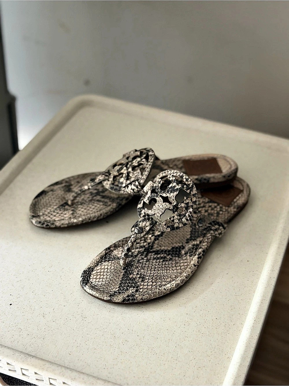 Tory Burch Miller Leather Thong Sandal Animal Print Brown & Black